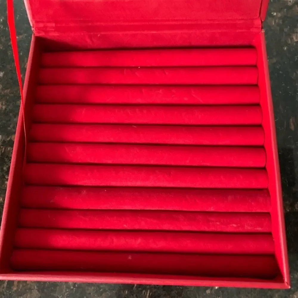 Jewelry red box, velour inside, vegan leather clear plastic screen, 9x9